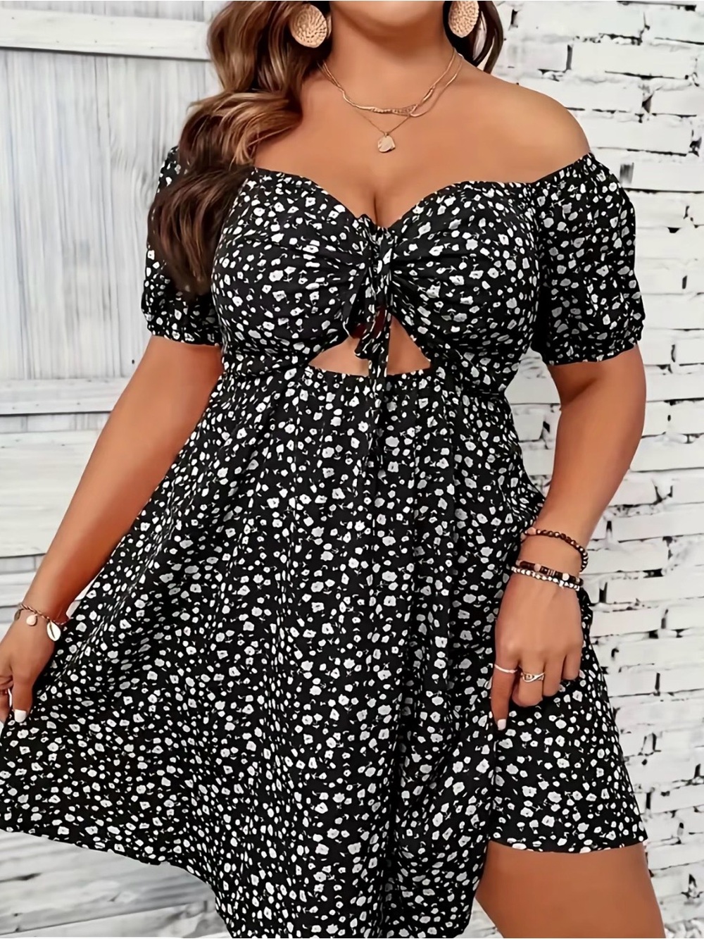Black and White Floral Mini Dress with Puff Sleeves